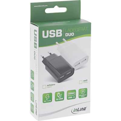 InLine® USB Ladegerät DUO, Netzteil 2-fach, 100-240V zu 5V/2.1A, schwarz (Produktbild 2)